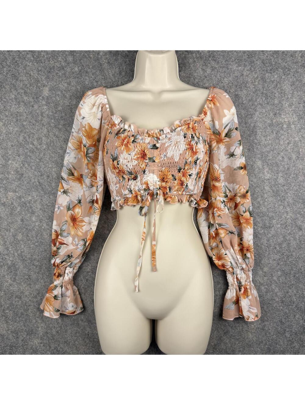 Puffed Long Sleeve Floral Cropped Top Peach Green Women Small Fairy Pixie 410